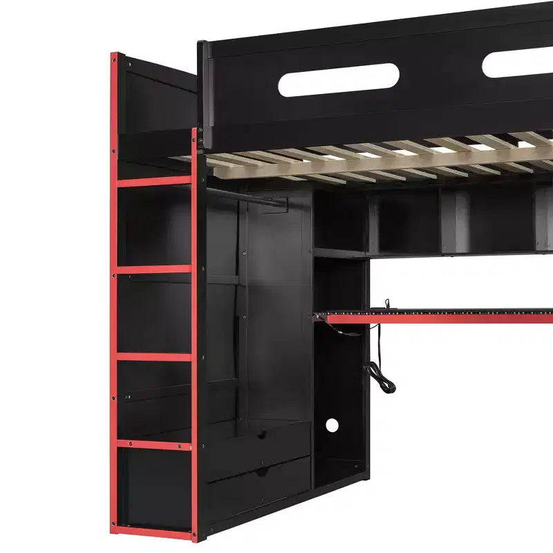 Lit mezzanine moderne pleine grandeur Luxystar avec armoire, bureau éclairé et rangement