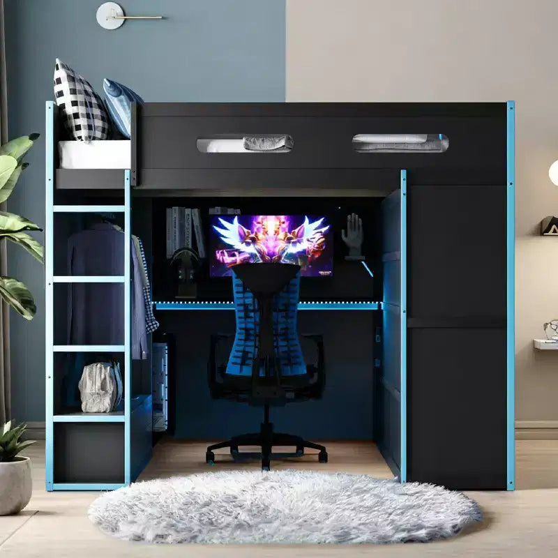 Luxystar Full Size Modern Loft Bed With Wardrobe, Lighted Desk and torage
