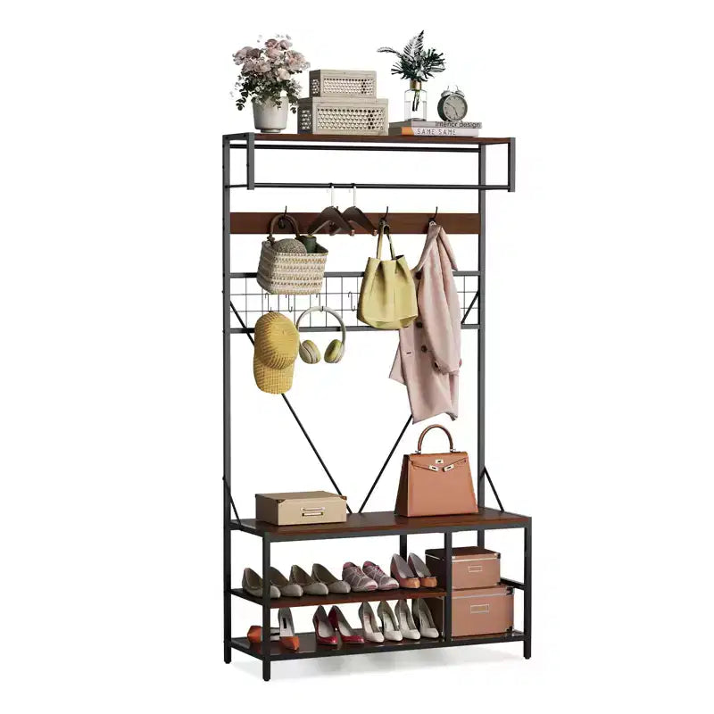 Garvee Portemanteau d'entrée 5-en-1, Meuble d'entrée 184,5 cm avec Banc, Étagère à Chaussures et Crochets pour Couloir, Entrée, Chambre