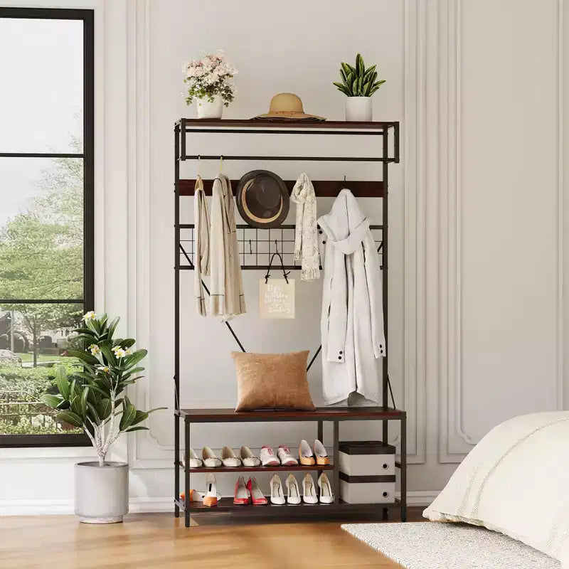 Garvee Portemanteau d'entrée 5-en-1, Meuble d'entrée 184,5 cm avec Banc, Étagère à Chaussures et Crochets pour Couloir, Entrée, Chambre