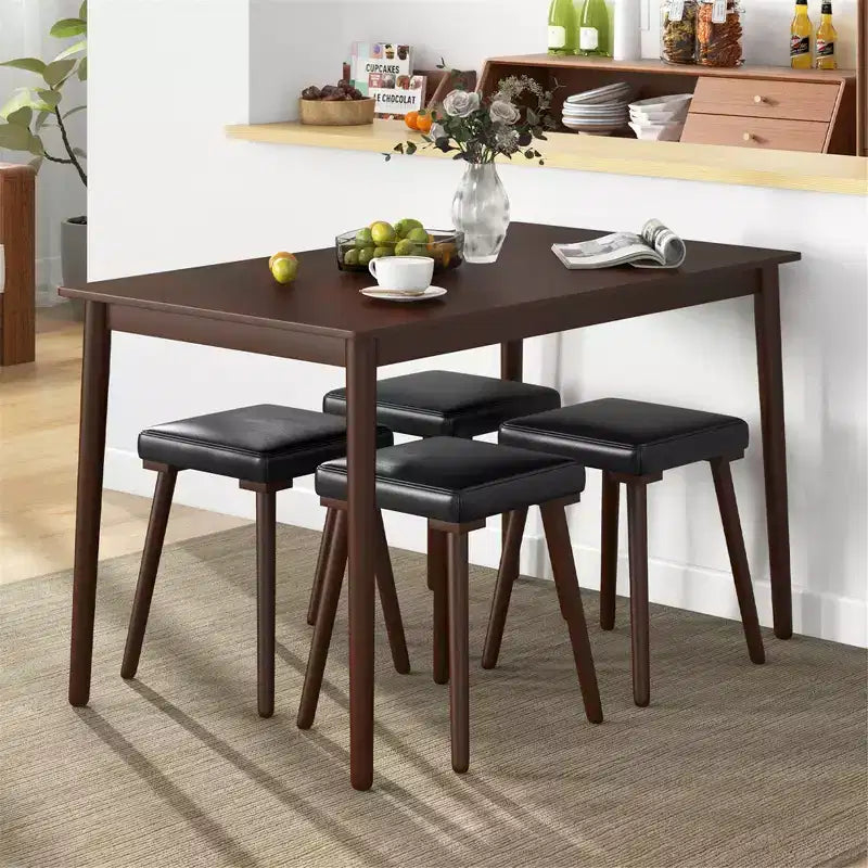Ensemble de salle à manger 5 pièces Costway pour 4 personnes avec 4 tabourets rembourrés Pieds en bois d'hévéa pour la cuisine