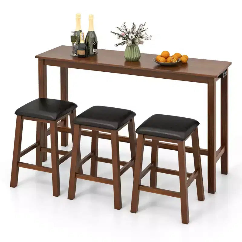 Costway 4-Piece Bar Table Set w/ Power Outlet Counter-Height Table & 3 Bar Stools