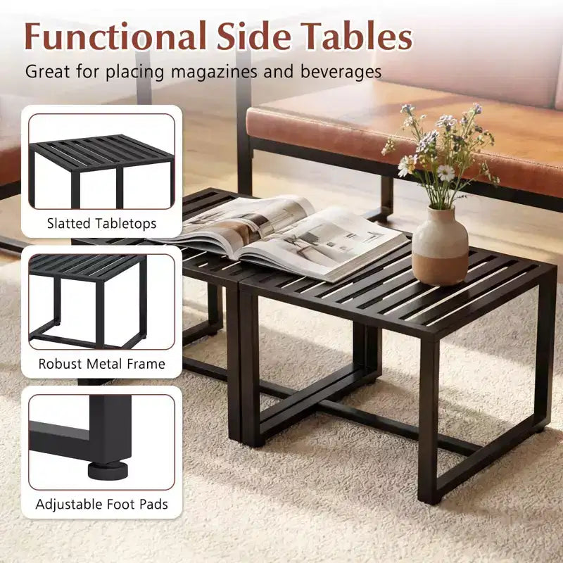 Tables d'appoint carrées Costway, lot de 2 tables basses en métal avec plateau à lattes, noires