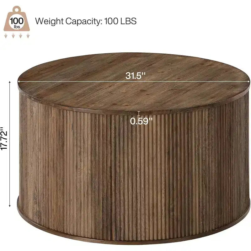Lantine 31.5 Table Basse Ronde, Base Tambour Cannelée avec Plateau en Placage à Grain de Bois, Table Centrale Moderne pour Salon, Bureau, Petit Espace