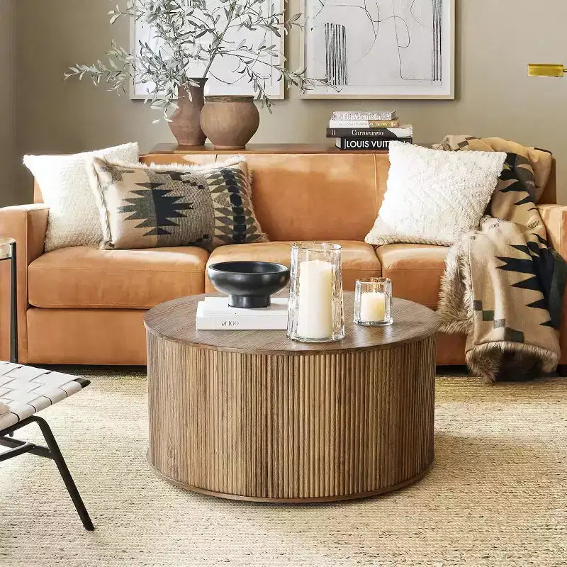Lantine 31.5 Table Basse Ronde, Base Tambour Cannelée avec Plateau en Placage à Grain de Bois, Table Centrale Moderne pour Salon, Bureau, Petit Espace