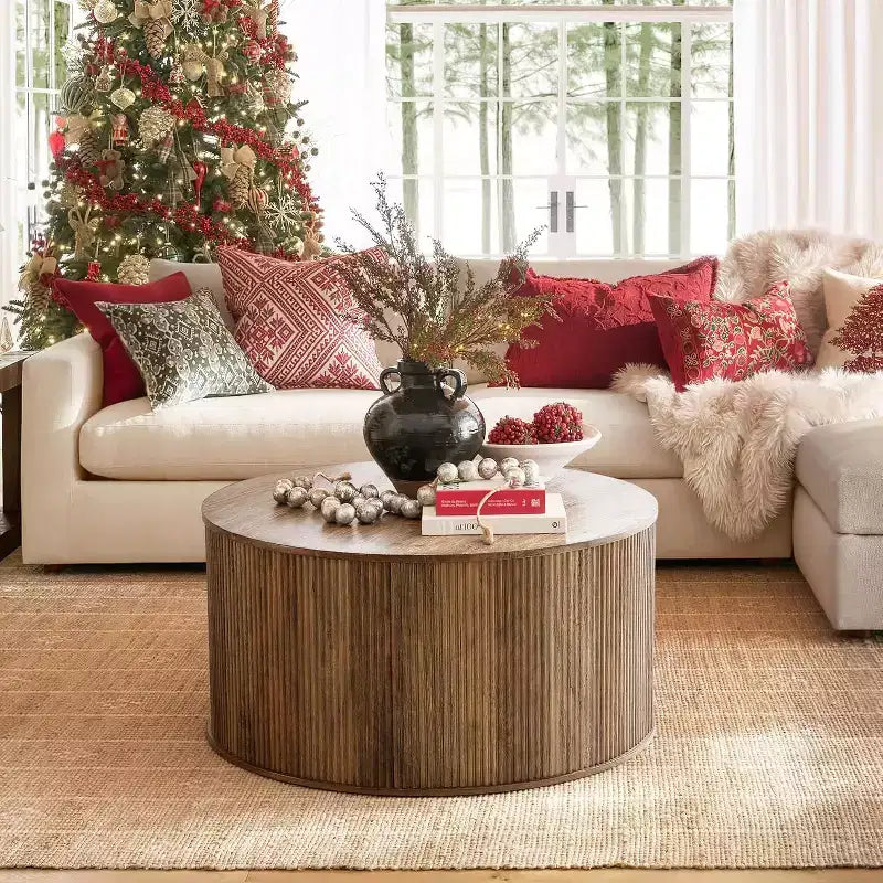 Lantine 31.5 Table Basse Ronde, Base Tambour Cannelée avec Plateau en Placage à Grain de Bois, Table Centrale Moderne pour Salon, Bureau, Petit Espace