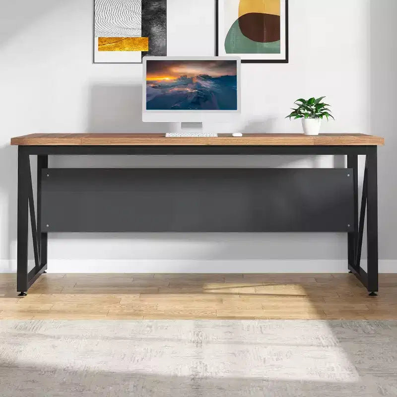 Bureau d'ordinateur Lantine de 63 pouces, table d'écriture moderne pour bureau à domicile, finition noyer foncé, pieds en acier
