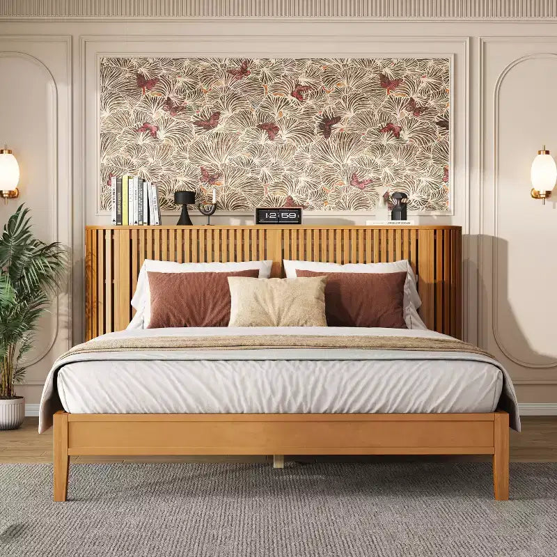 Christopher Knight Home Lennon Mid-Century Modern Bed with Slatted Headboard and Built-in Side Storages
