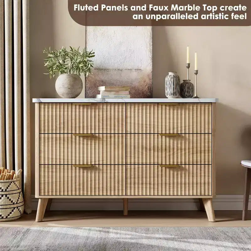 Commode à 6 tiroirs, 120 cm de large, avec tiroirs en bois cannelé et poignées dorées, design profilé incurvé pour chambre et salon