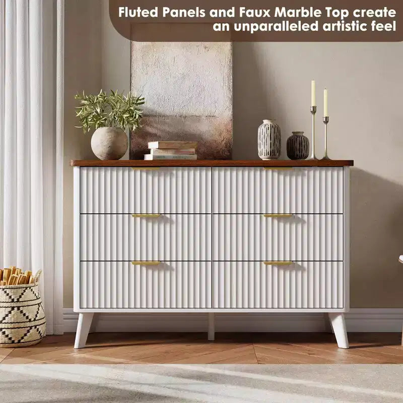 Commode à 6 tiroirs, 120 cm de large, avec tiroirs en bois cannelé et poignées dorées, design profilé incurvé pour chambre et salon