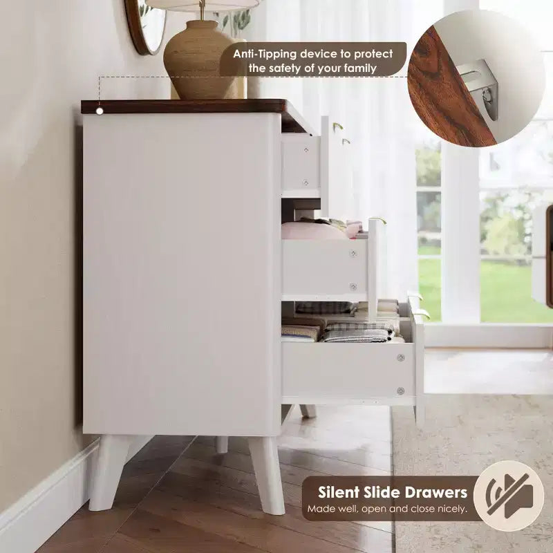 Commode à 6 tiroirs, 120 cm de large, avec tiroirs en bois cannelé et poignées dorées, design profilé incurvé pour chambre et salon