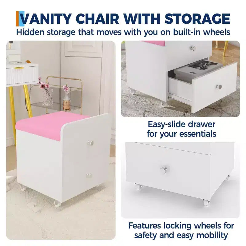 Tabouret de Coiffeuse avec Rangement et Roulettes, Chaise de Maquillage Rembourrée Gain de Place, Banc Ottoman Multifonctionnel, pour Chambre, Salon