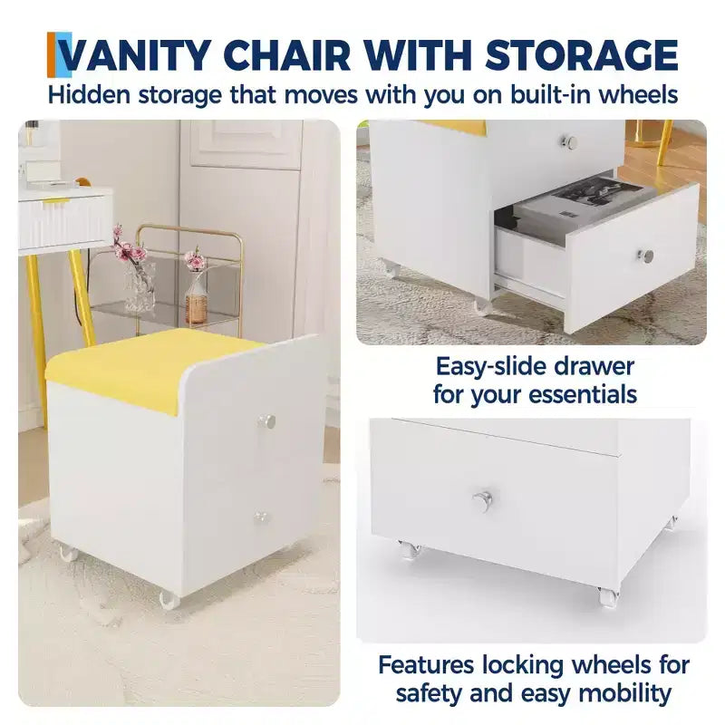 Tabouret de Coiffeuse avec Rangement et Roulettes, Chaise de Maquillage Rembourrée Gain de Place, Banc Ottoman Multifonctionnel, pour Chambre, Salon