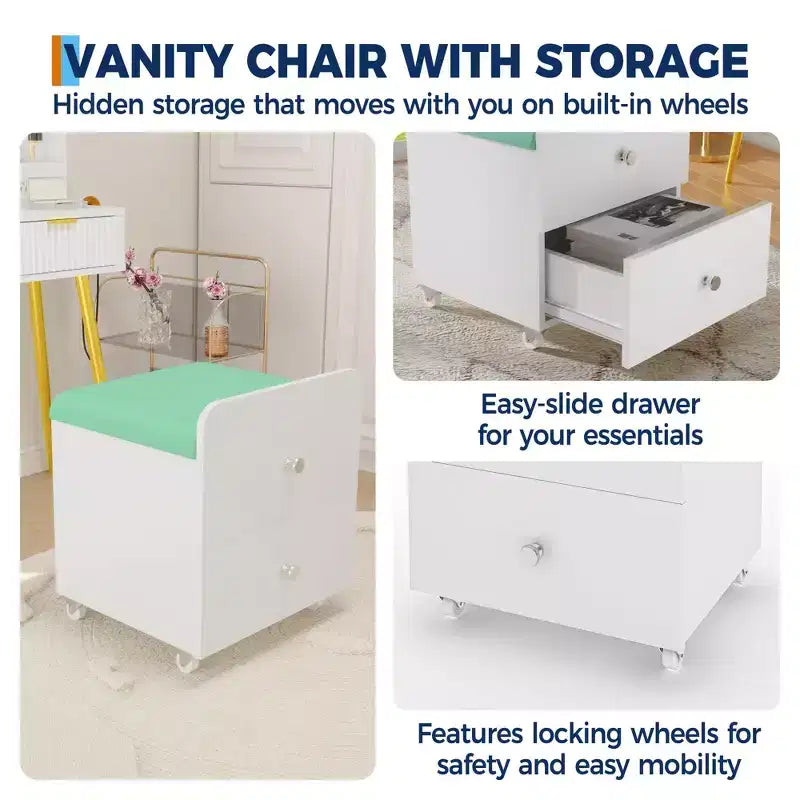 Tabouret de Coiffeuse avec Rangement et Roulettes, Chaise de Maquillage Rembourrée Gain de Place, Banc Ottoman Multifonctionnel, pour Chambre, Salon