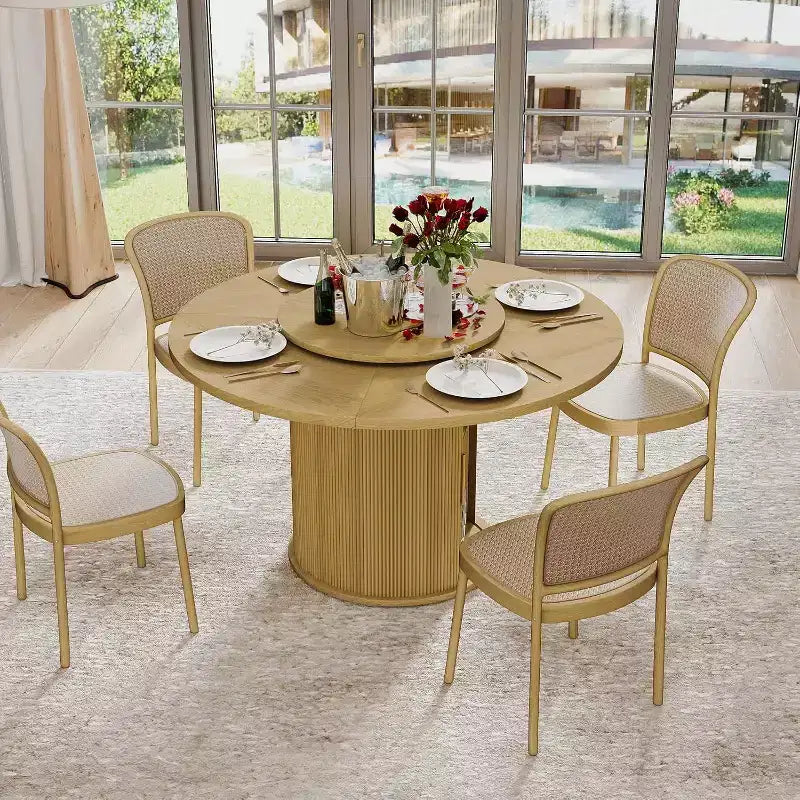 MooxvMoo 55 Rotating Round Dining Table w/ Double-Layer Storage Shelf and Doors, Wooden Table w/ Rotating Top for Living Room, Restaurant, Natural