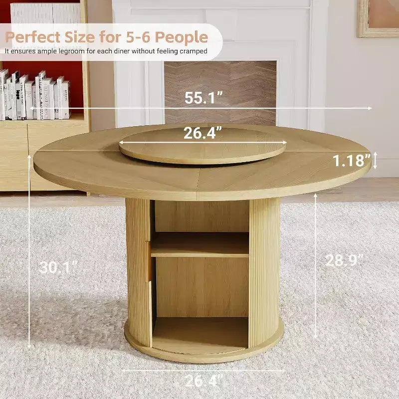 Table à manger ronde rotative MooxvMoo 55 avec étagère de rangement à double couche et portes, table en bois avec plateau rotatif pour salon, restaurant, naturel