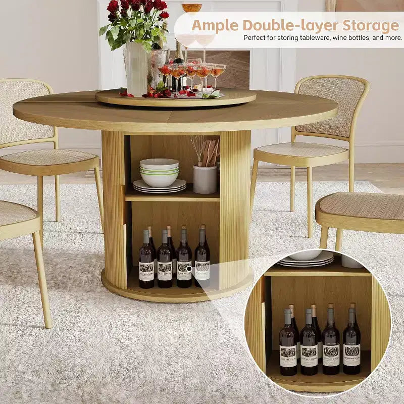 Table à manger ronde rotative MooxvMoo 55 avec étagère de rangement à double couche et portes, table en bois avec plateau rotatif pour salon, restaurant, naturel