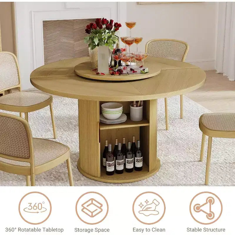 Table à manger ronde rotative MooxvMoo 55 avec étagère de rangement à double couche et portes, table en bois avec plateau rotatif pour salon, restaurant, naturel