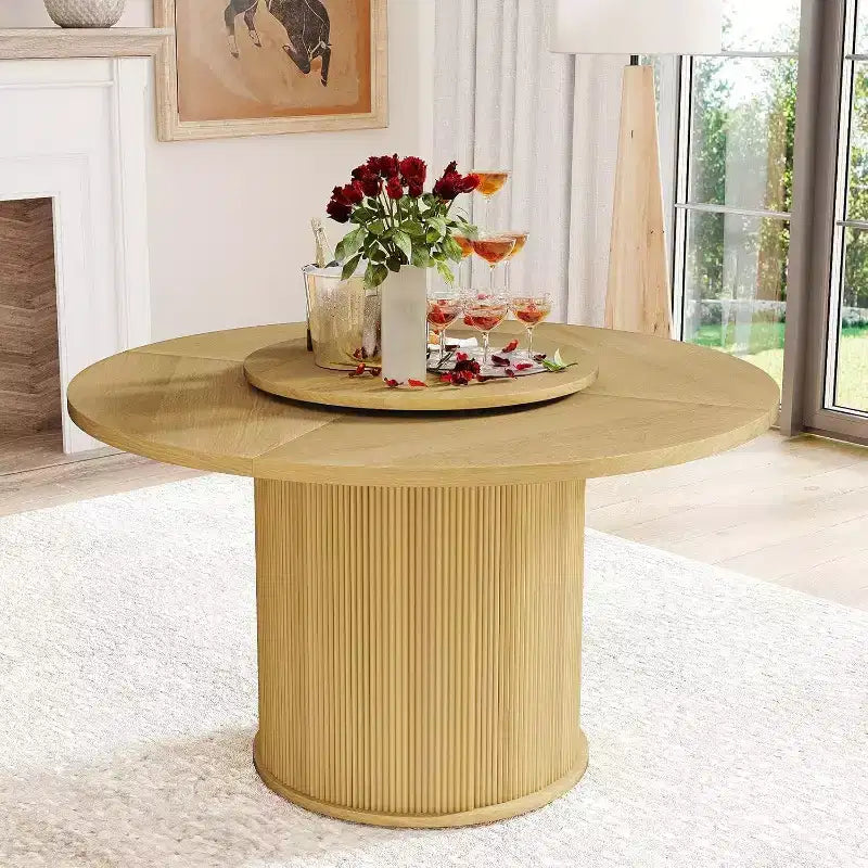 Table à manger ronde rotative MooxvMoo 55 avec étagère de rangement à double couche et portes, table en bois avec plateau rotatif pour salon, restaurant, naturel