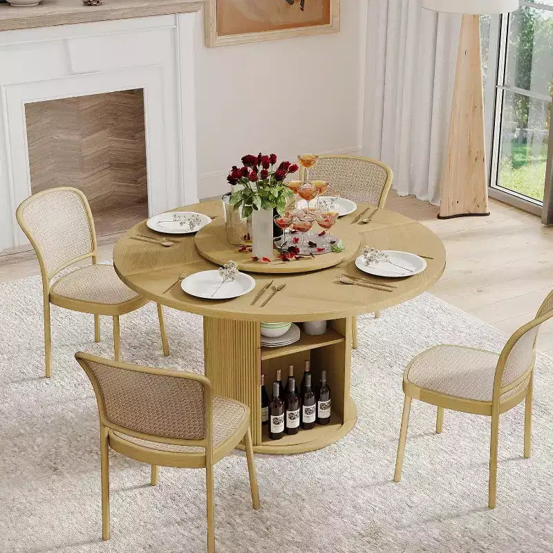 Table à manger ronde rotative MooxvMoo 55 avec étagère de rangement à double couche et portes, table en bois avec plateau rotatif pour salon, restaurant, naturel