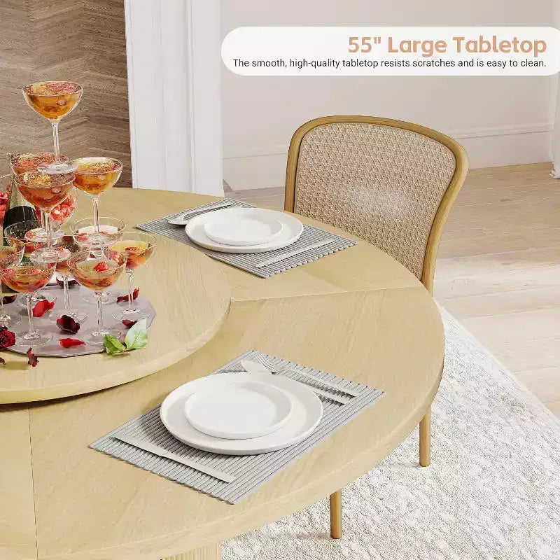 Table à manger ronde rotative MooxvMoo 55 avec étagère de rangement à double couche et portes, table en bois avec plateau rotatif pour salon, restaurant, naturel