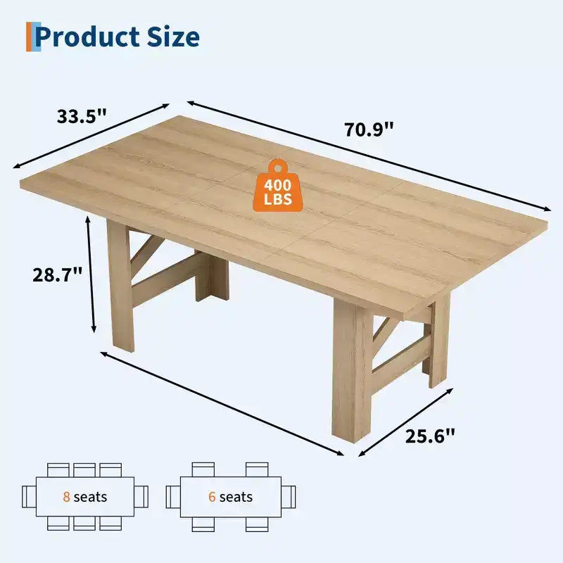 71 Grande Table de Salle à Manger de Ferme pour 6-8 Personnes, Table de Cuisine en Bois Style Grange avec Pieds Triangulaires Robustes, Plateau Épais Uniquement pour Salle à Manger et Bureau