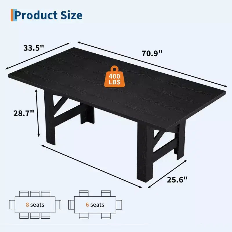 71 Grande Table de Salle à Manger de Ferme pour 6-8 Personnes, Table de Cuisine en Bois Style Grange avec Pieds Triangulaires Robustes, Plateau Épais Uniquement pour Salle à Manger et Bureau