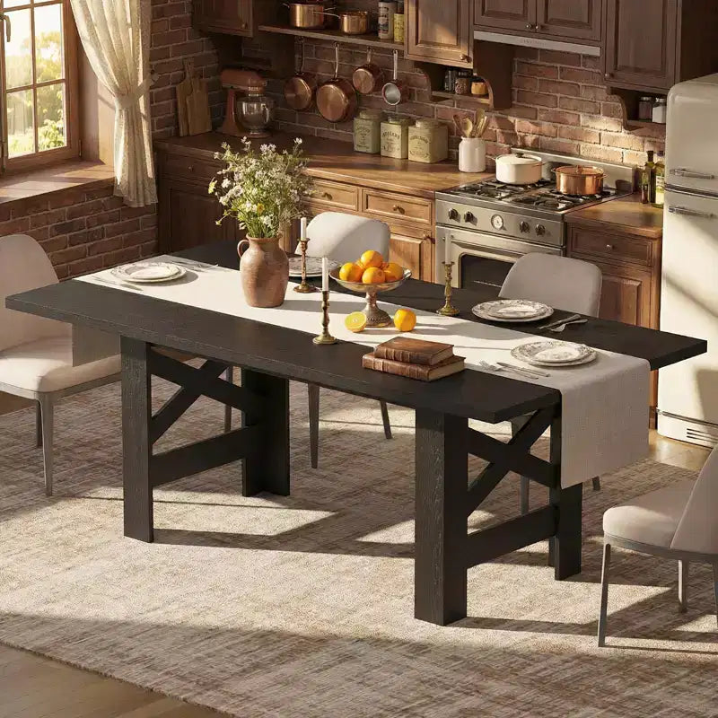 71 Grande Table de Salle à Manger de Ferme pour 6-8 Personnes, Table de Cuisine en Bois Style Grange avec Pieds Triangulaires Robustes, Plateau Épais Uniquement pour Salle à Manger et Bureau