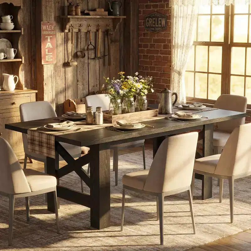 71 Grande Table de Salle à Manger de Ferme pour 6-8 Personnes, Table de Cuisine en Bois Style Grange avec Pieds Triangulaires Robustes, Plateau Épais Uniquement pour Salle à Manger et Bureau