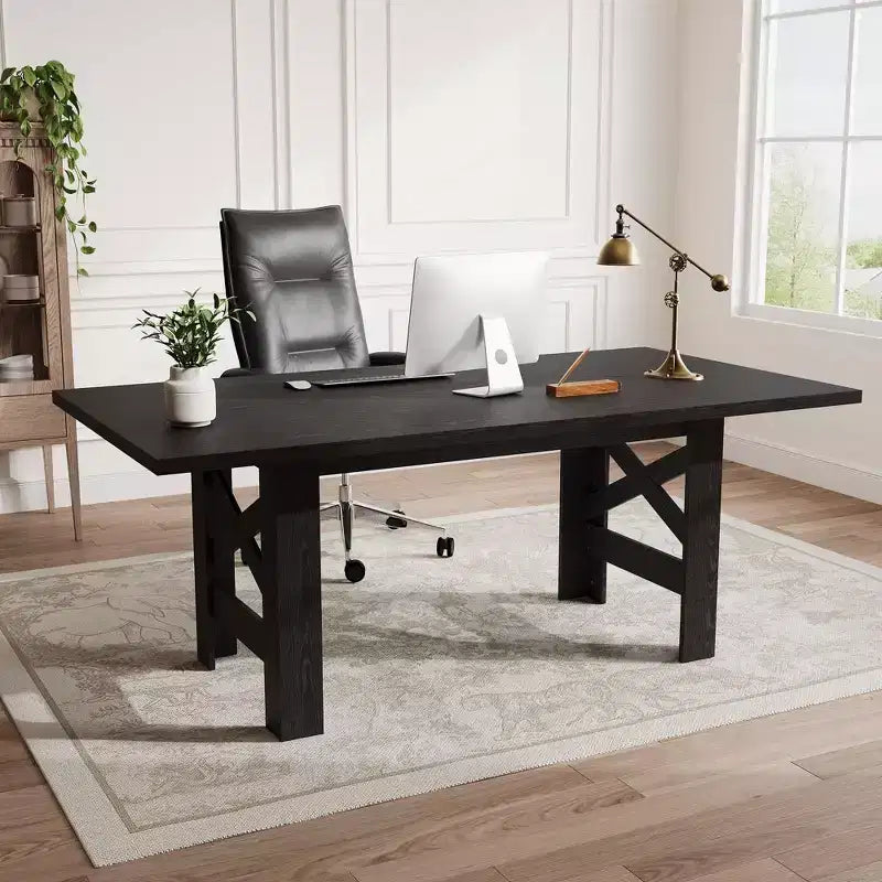 71 Grande Table de Salle à Manger de Ferme pour 6-8 Personnes, Table de Cuisine en Bois Style Grange avec Pieds Triangulaires Robustes, Plateau Épais Uniquement pour Salle à Manger et Bureau