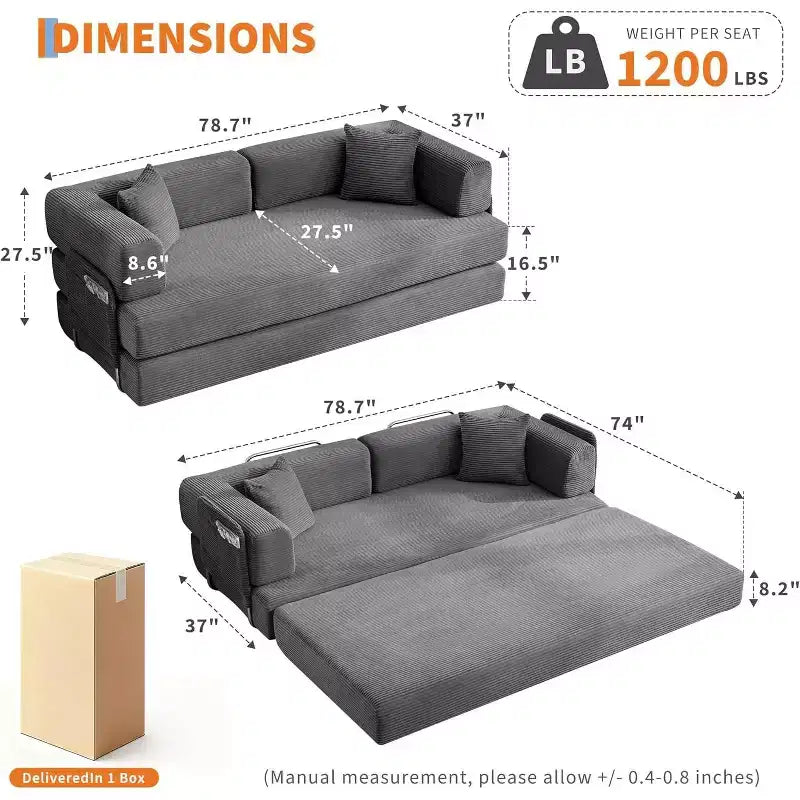 Canapé-lit convertible chaise longue, chaise pliante surdimensionnée de 200 cm avec oreiller, tissu micro-rayé pour salon, appartement, dortoir, chambre d'amis