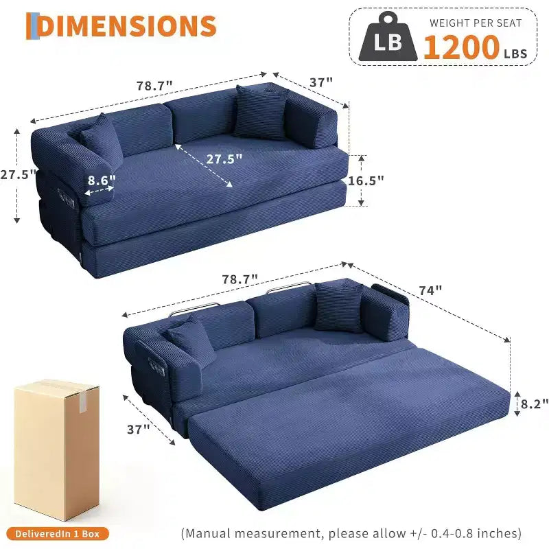 Canapé-lit convertible chaise longue, chaise pliante surdimensionnée de 200 cm avec oreiller, tissu micro-rayé pour salon, appartement, dortoir, chambre d'amis