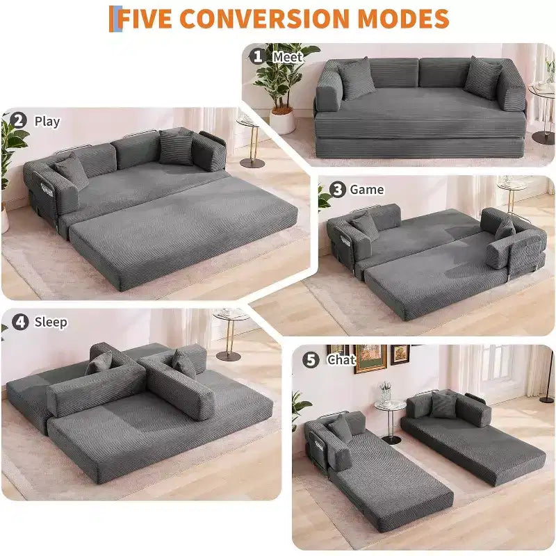 Canapé-lit convertible chaise longue, chaise pliante surdimensionnée de 200 cm avec oreiller, tissu micro-rayé pour salon, appartement, dortoir, chambre d'amis
