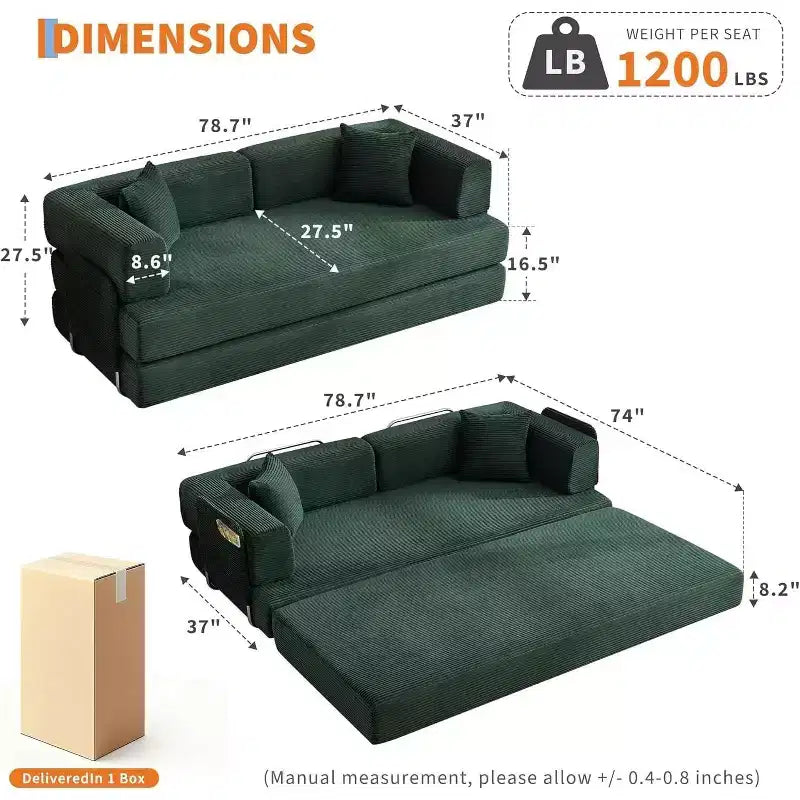 Canapé-lit convertible chaise longue, chaise pliante surdimensionnée de 200 cm avec oreiller, tissu micro-rayé pour salon, appartement, dortoir, chambre d'amis