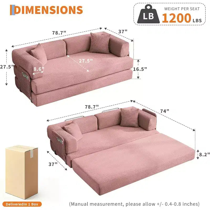 Canapé-lit convertible chaise longue, chaise pliante surdimensionnée de 200 cm avec oreiller, tissu micro-rayé pour salon, appartement, dortoir, chambre d'amis