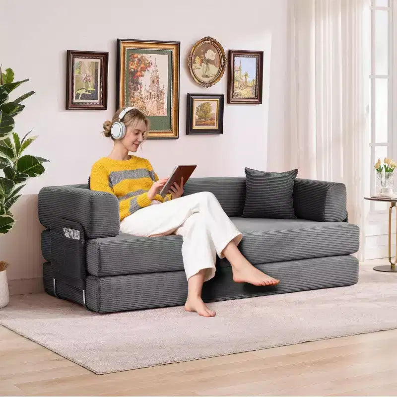 Canapé-lit convertible chaise longue, chaise pliante surdimensionnée de 200 cm avec oreiller, tissu micro-rayé pour salon, appartement, dortoir, chambre d'amis