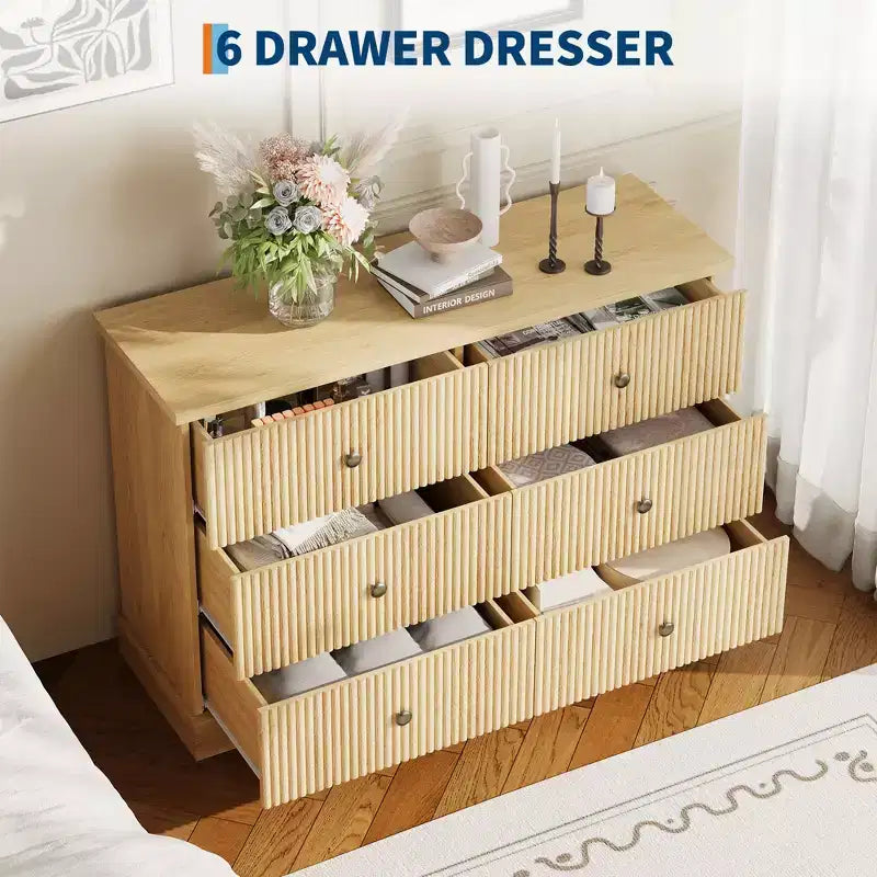 Commode à 6 tiroirs pour chambre à coucher, commode horizontale, commode en bois à panneaux cannelés, commode de chambre à coucher peu encombrante pour le rangement des vêtements, naturelle