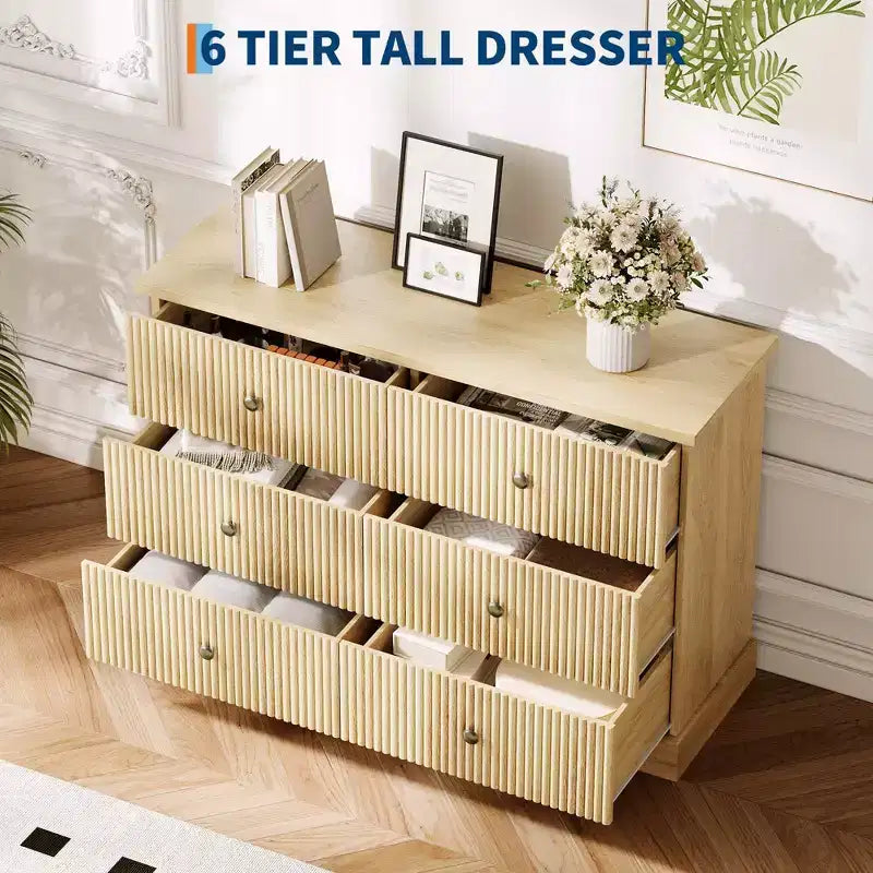 Commode à 6 tiroirs pour chambre à coucher, commode horizontale, commode en bois à panneaux cannelés, commode de chambre à coucher peu encombrante pour le rangement des vêtements, naturelle