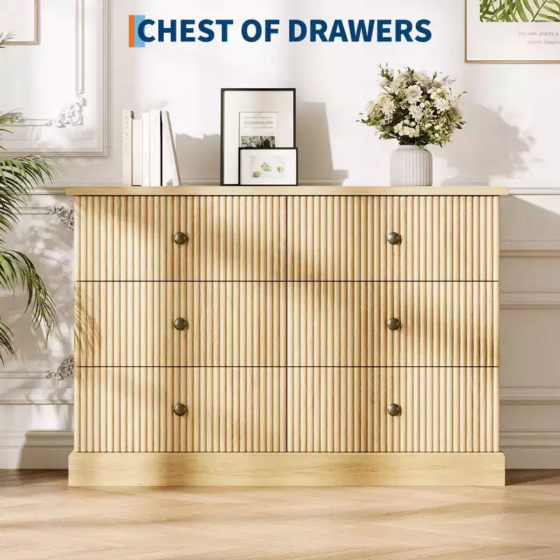 Commode à 6 tiroirs pour chambre à coucher, commode horizontale, commode en bois à panneaux cannelés, commode de chambre à coucher peu encombrante pour le rangement des vêtements, naturelle