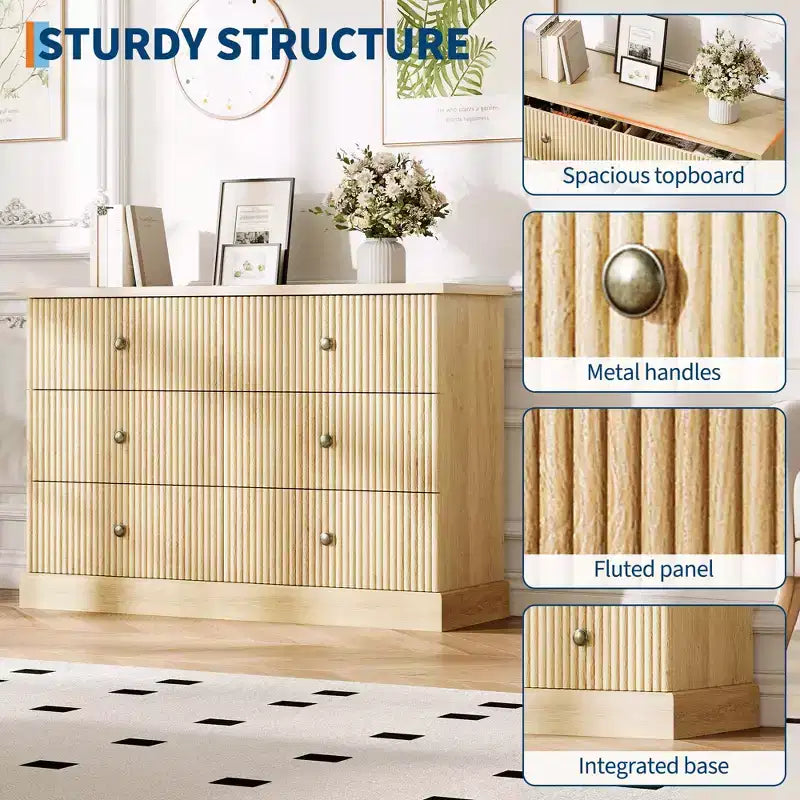Commode à 6 tiroirs pour chambre à coucher, commode horizontale, commode en bois à panneaux cannelés, commode de chambre à coucher peu encombrante pour le rangement des vêtements, naturelle
