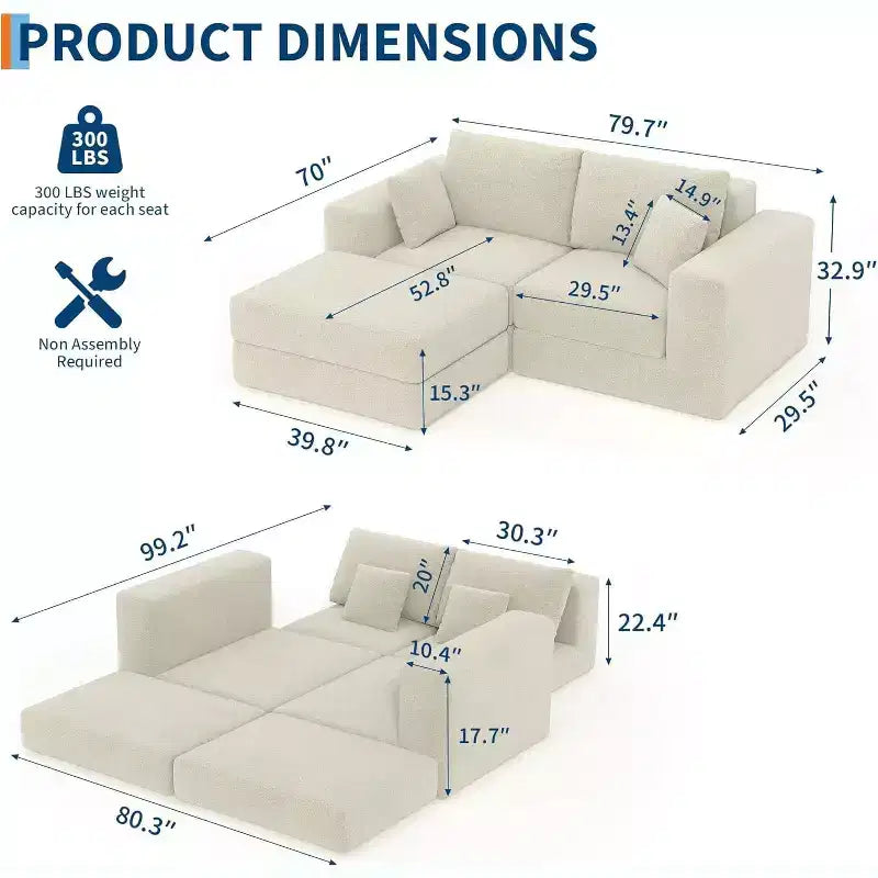 Canapé convertible modulaire de 203 cm, sans assemblage, en tissu moelleux, pour la maison, le salon