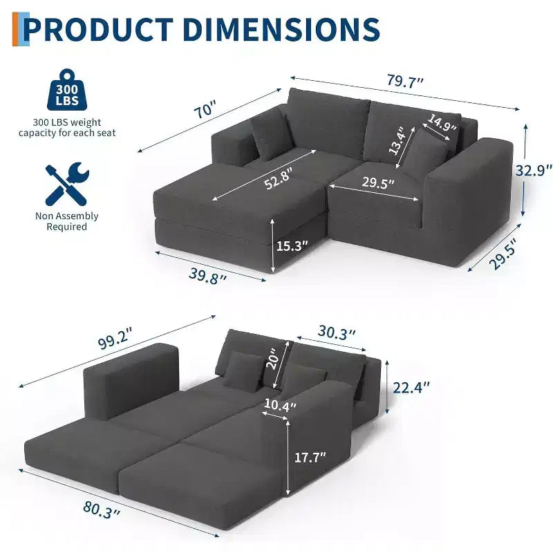 Canapé convertible modulaire de 203 cm, sans assemblage, en tissu moelleux, pour la maison, le salon
