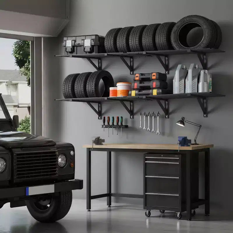 VEVOR Étagère de garage murale robuste à 2 niveaux, lot de 4 unités d'étagères murales en acier de 60 x 90 cm, 60 x 180 cm chacune, capacité de charge totale de 725 kg, noir