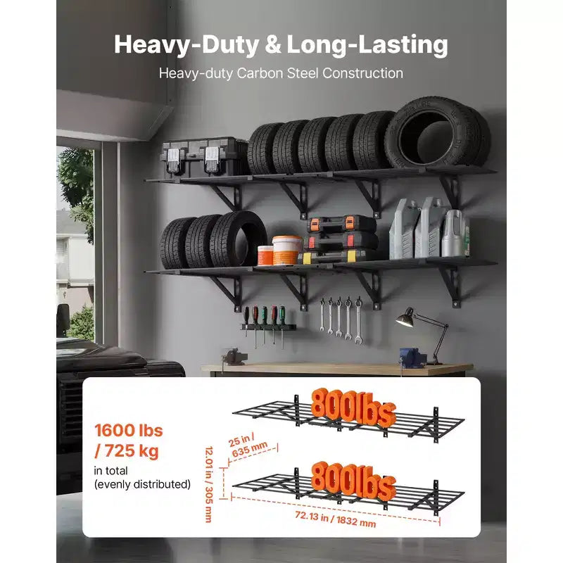 VEVOR Étagère de garage murale robuste à 2 niveaux, lot de 4 unités d'étagères murales en acier de 60 x 90 cm, 60 x 180 cm chacune, capacité de charge totale de 725 kg, noir