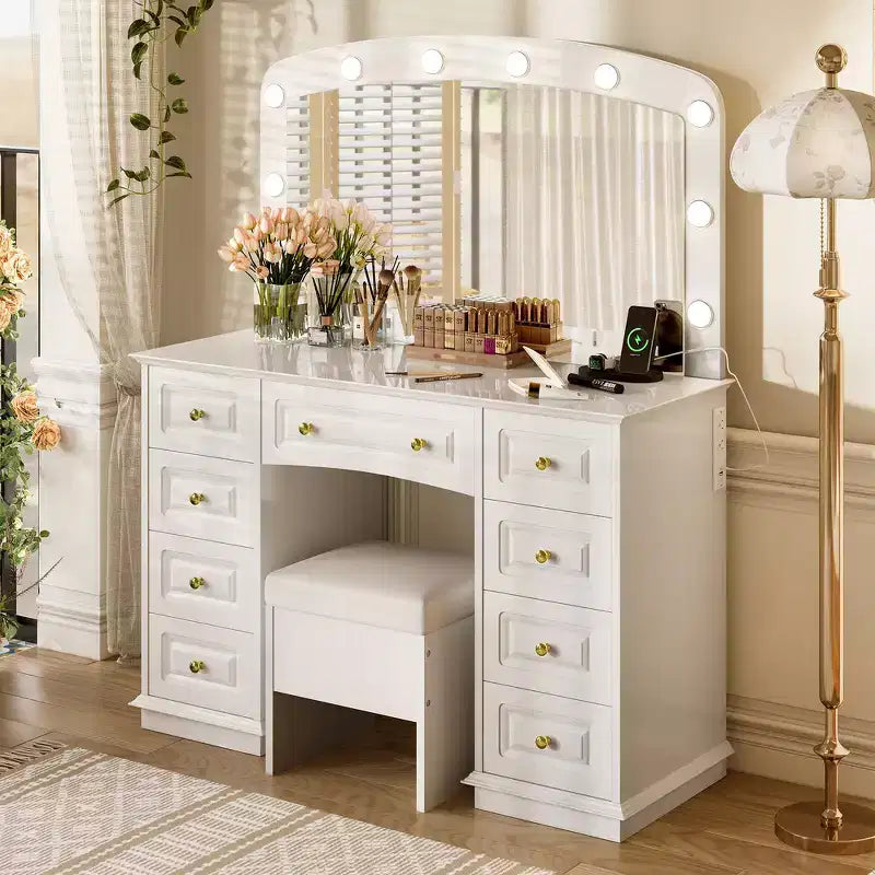 Whisen Classic Dressing Table Vanity, Makeup Vanity Desk with Mirror, Cushioned Stool and 9 Storage Drawers - White