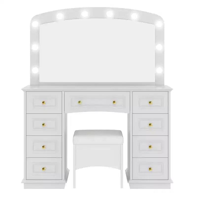 Coiffeuse Classique Whisen, Coiffeuse de Maquillage avec Miroir, Tabouret Rembourré et 9 Tiroirs de Rangement - Blanc