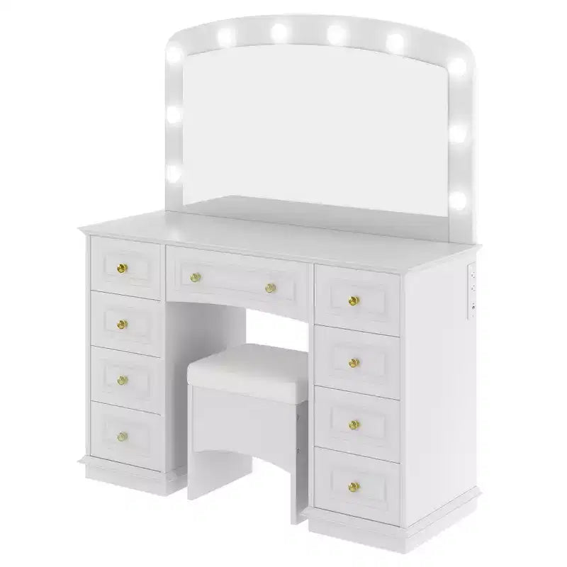 Coiffeuse Classique Whisen, Coiffeuse de Maquillage avec Miroir, Tabouret Rembourré et 9 Tiroirs de Rangement - Blanc