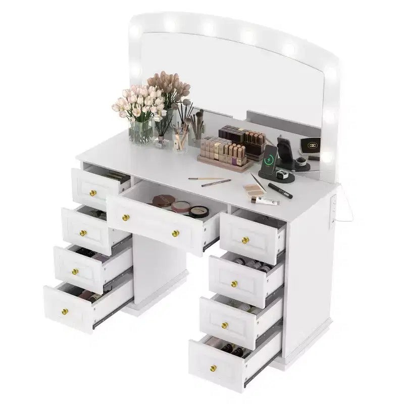 Coiffeuse Classique Whisen, Coiffeuse de Maquillage avec Miroir, Tabouret Rembourré et 9 Tiroirs de Rangement - Blanc
