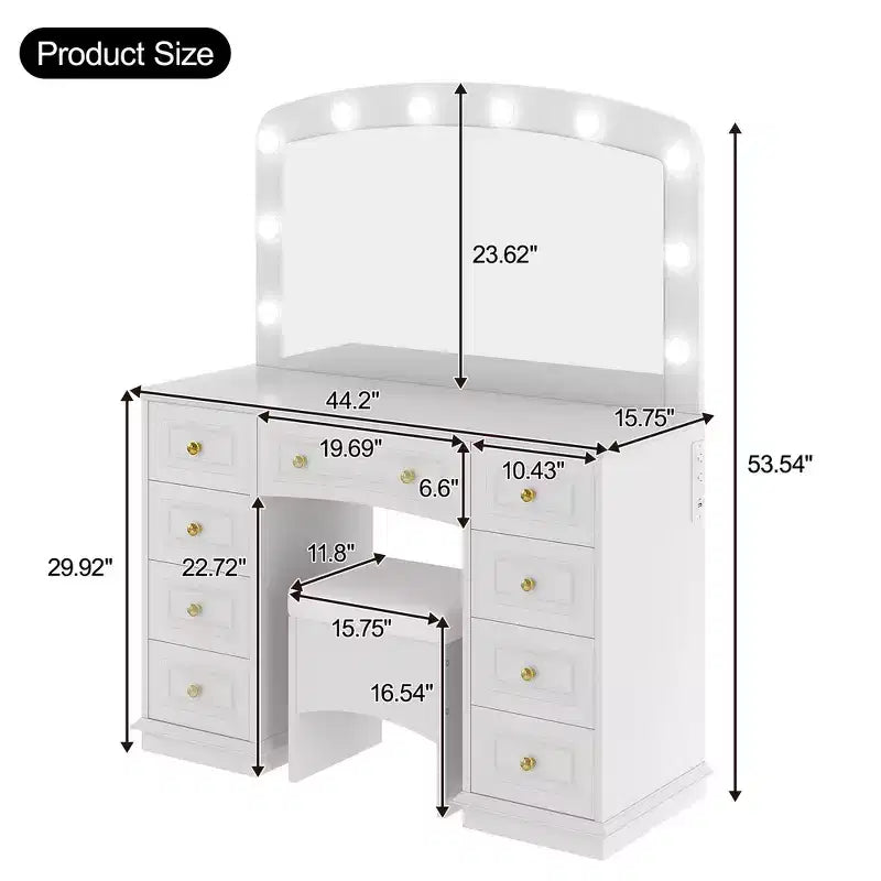 Coiffeuse Classique Whisen, Coiffeuse de Maquillage avec Miroir, Tabouret Rembourré et 9 Tiroirs de Rangement - Blanc
