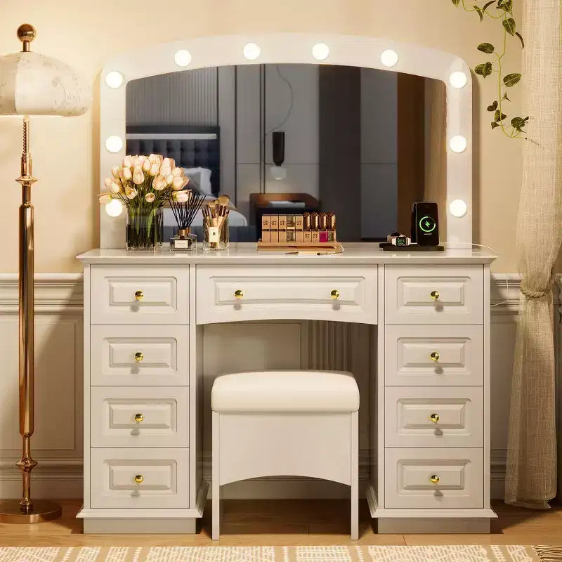 Coiffeuse Classique Whisen, Coiffeuse de Maquillage avec Miroir, Tabouret Rembourré et 9 Tiroirs de Rangement - Blanc